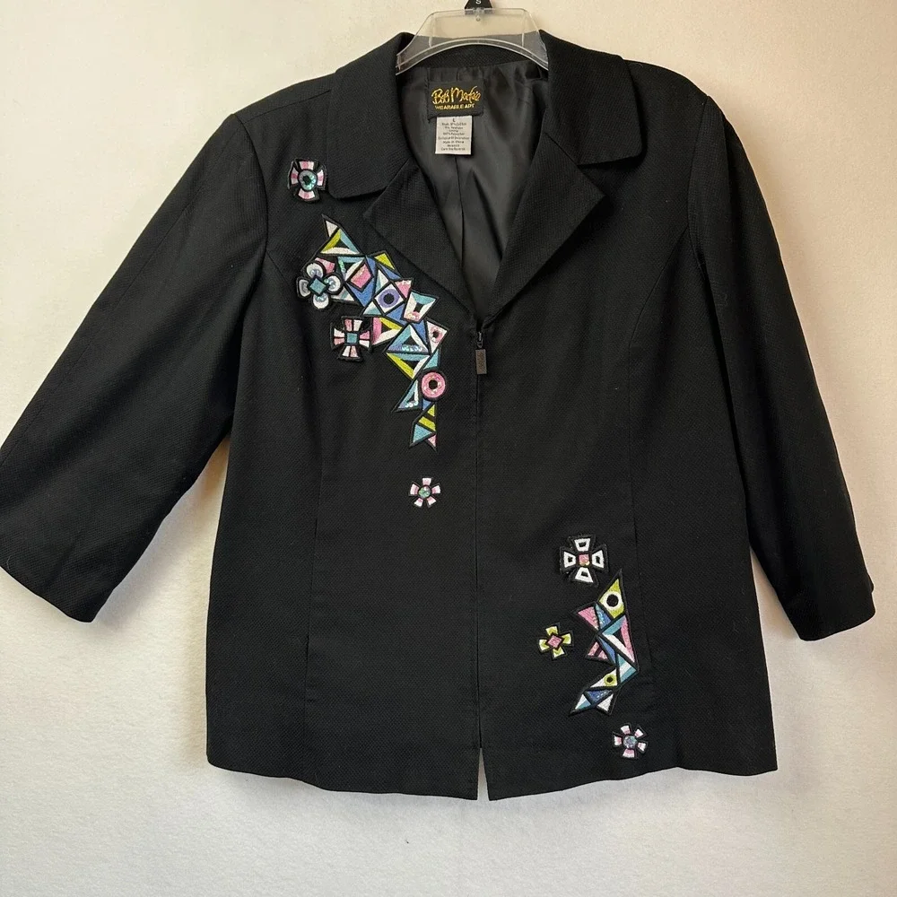 Bob Mackie Wearable Art‎ Black Geometric Embroidered Sequin Zip Jacket Large